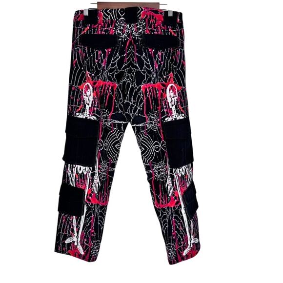Skeleton Cargo Pants Red and Black Goth y2k Punk Size Small - Picture 2 of 5